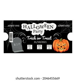 The invitation ticket is black. Pumpkin. Row. A place. The grave. Ghost. Party. Holiday. October. Autumn. Admit one. Barcode. Cartoon. Background. Stock Vector Illustration. Halloween.