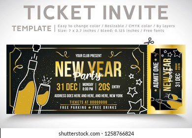 Invitation Ticket. Ticket party, new year invite. gold champagne. elegant holiday party invitation. Flyers. 2019. invitations. invitation card, vector illustration