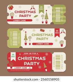 Invitation tickets to the Christmas party. Green, white and red background. Vector illustration