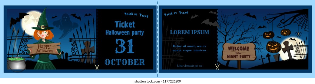 Invitation tickets for the Halloween night party. Invitation flyer template for Halloween. Vector illustration