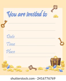 Invitation with a treasure chest, gold coins and old keys. Copy space. Vector illustration.