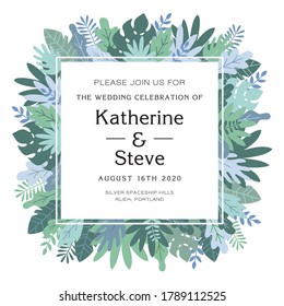 Invitation tropical leaves, plants and herbs background in madern flat style. Frame template for cards, posters, banners