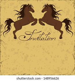 Invitation with two horses rearing up on a vintage background