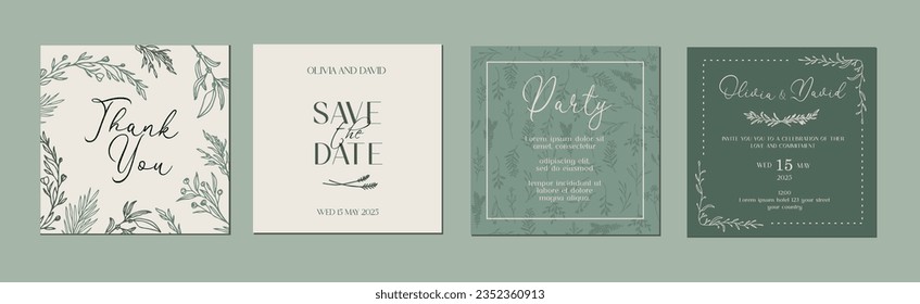 Invitation and universal card design set with floral wreath. Wedding templates.