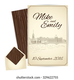 Invitation. Vector city sketching on vintage background. Stockholm, Sweden