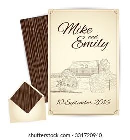 Invitation. Vector city sketching on vintage background. Vernon, France