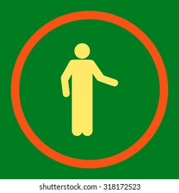 Invitation vector icon. This rounded flat symbol is drawn with orange and yellow colors on a green background.