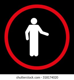 Invitation vector icon. This rounded flat symbol is drawn with red and white colors on a black background.