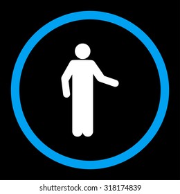 Invitation vector icon. This rounded flat symbol is drawn with blue and white colors on a black background.