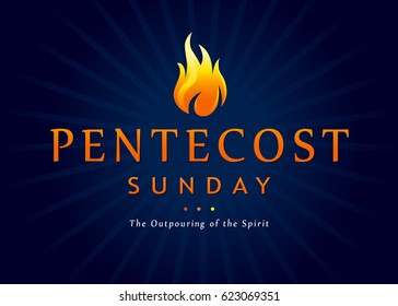 Invitation vector template the service of Pentecost in the form of text Pentecost Sunday and The Outpouring of the Spirit with a tongue of flame. Pentecost Sunday fire banner