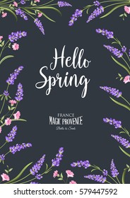 Invitation vertical card with text place for your text. Floral vertical template of design with blue frame of blooming flowers. Vector illustration.