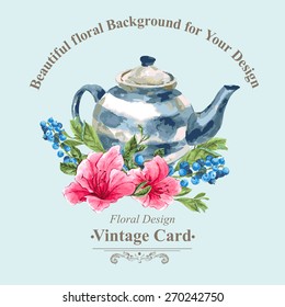 Invitation Vintage Card with Blueberries, Pink Tropical Flowers and Teapot, Watercolor Vector Illustration