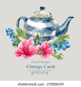 Invitation Vintage Card with Blueberries, Pink Tropical Flowers and Teapot, Watercolor Vector Illustration