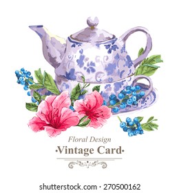 Invitation Vintage Card with Blueberries, Pink Tropical Flowers and Teapot, Watercolor Vector Illustration