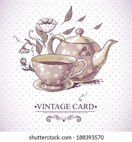 Invitation Vintage Card with a Cup of Tea or Coffee, Pot, Flowers and Butterfly.