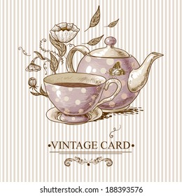 Invitation Vintage Card with a Cup of Tea or Coffee, Pot, Flowers and Butterfly.