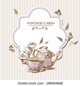 Invitation Vintage Card with a Cup of Tea or Coffee, Pot, Flowers and Butterfly. Vector Design element. 