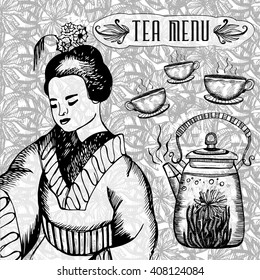 Invitation Vintage Card with a Cup of Tea or Coffee, Pot, Flowers and Butterfly. Vector Design element.