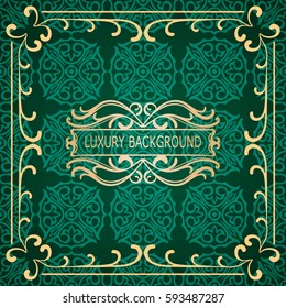 Invitation vintage card. Golden luxury background with frame. Template for design