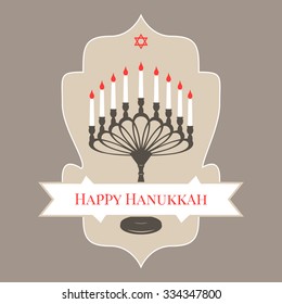 Invitation vintage inscription Happy Hanukkah candle on a candlestick old 9 and six-pointed red star on a gray background. Beautiful elegant white text design elements vector illustration EPS 10