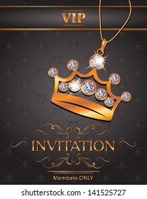 Invitation VIP card with gold crown shaped pendant with diamonds