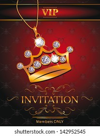 Invitation VIP card with gold crown shaped pendant with diamonds on the red background