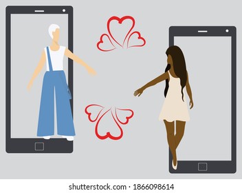 Invitation To A Virtual Walk. Valentine's Day. Online Dating. Red Hearts. Vector Illustration