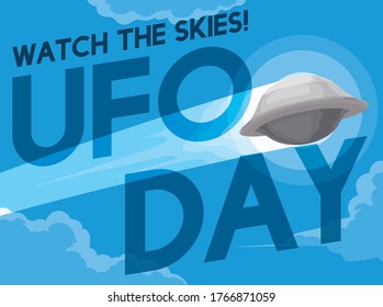 
Invitation to watch the skies in the commemoration of UFO Day with a cloudy sky and a fast 'Saturn-shaped' flying saucer.