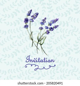 Invitation with watercolor flowers of lavender.  Illustration for greeting cards, invitations, and other printing projects.