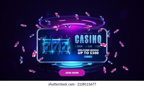 Invitation web banner with button, smartphone with slot machine on screen and poker chips in scene with hologram of digital rings