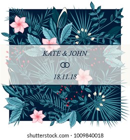 the invitation to the wedding. background from blue leaves and flowers. illustration vector
