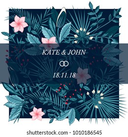 the invitation to the wedding. background from blue leaves and flowers. illustration vector