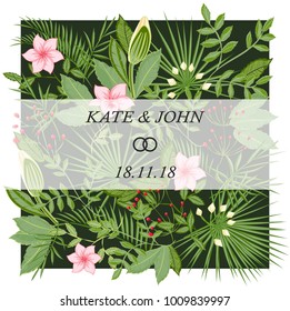 the invitation to the wedding. background from green leaves and flowers. illustration vector

