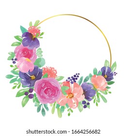Invitation. Wedding or birthday card. Floral frame. Watercolor botanical wreath with blue, pink, purple flowers, leaves and berries. Vector illustration, isolated on white background.