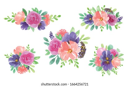 Invitation. Wedding or birthday card. Floral frame. Set of watercolor bouquets with pink, peachy, violet flowers, leaves. Vector illustration isolated on white background.