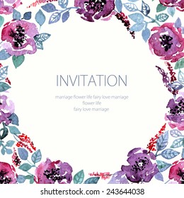 Invitation. Wedding or birthday card. Floral frame. Watercolor background with flowers.