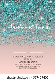 Invitation for wedding, birthday, holidays with confetti mint dots and sparkling banner. Text composition with splashes. Holiday and Elegant style. Vector Illustration