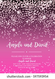 Invitation for wedding, birthday, holidays with confetti dots and sparkling violet banner. Text composition with splashes. Holiday and Elegant style. Vector Illustration
