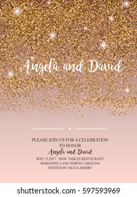 Invitation for wedding, birthday, holidays with confetti golden dots and sparkling banner. Text composition with splashes. Holiday and Elegant style. Vector Illustration