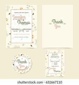 Invitation or wedding card with  adorable floral  background.Coral and Light Green Tone for couple . RSVP Card.Sticker. Vector/Illustration