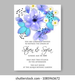 Invitation or wedding card with blue jasmine floral background