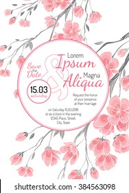 Invitation wedding card with cherry sakura flowers vector template - for invitations, flyers, postcards, cards and so on