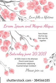 Invitation wedding card with cherry sakura flowers vector template - for invitations, flyers, postcards, cards and so on