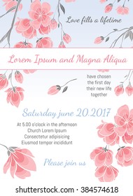 Invitation wedding card with cherry sakura flowers vector template - for invitations, flyers, postcards, cards and so on