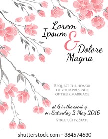 Invitation wedding card with cherry sakura flowers vector template - for invitations, flyers, postcards, cards and so on