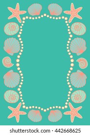 Invitation Wedding card. Colorful  background. Sea beach theme. Frame with seashell. Printable for universal size 127x178 mm. Vector illustration.