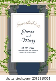 Tarjeta de boda de invitación con columna. Elementos arquitectónicos de mármol. Historia y cultura de Grecia y Roma. Cartel de invitación a la ceremonia de matrimonio. Dibujo vectorial plano de dibujos animados