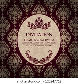 Invitation or wedding card with damask background and elegant floral elements. eps10