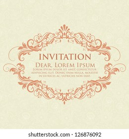 Invitation or wedding card with damask background and elegant floral elements.