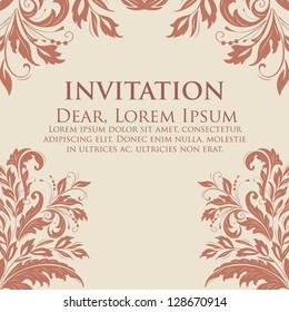 Invitation or wedding card with damask background and elegant floral elements.